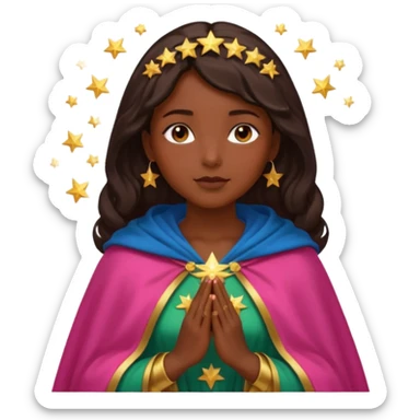 Mujer de piel morena, rostro sereno, manos juntas. Vestido rosa rojizo manto capa azul verdoso con muchas estrellas doradas pequeñas Resplandor como rayos de luz dorado alrededor del cuerpo. sticker