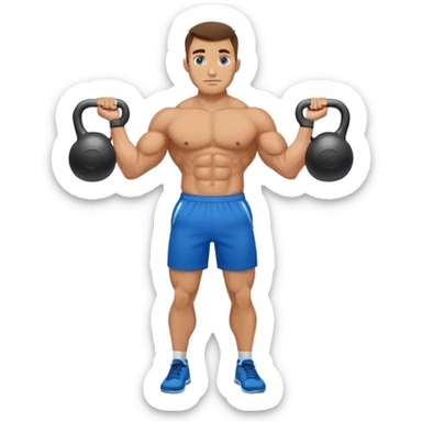 jacked man with blue shorts holding kettlebell sticker