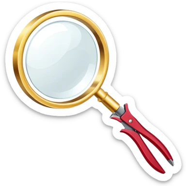Jewelry art icon. A ring with a golden ruby, magnifying glass and pliers. Minimalistic style, clean lines, transparent background. sticker