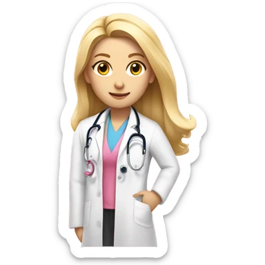 Long blonde hair doctor in pink undershirt white coat over pink stethoscope  sticker