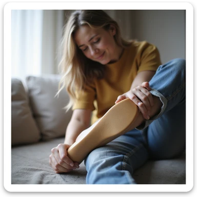 woman sitting trying to adjust or fix orthopedic insole in foot, expression of discomfort, realistic style, home environment sticker