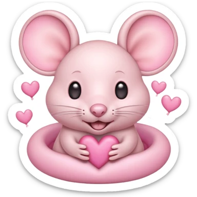 pastel cream cartoon mouse with large, round, pink-lined ears. The mouse has heart eyes, a small open mouth, and is surrounded by floating pink hearts, conveying a feeling of love, adoration, or strong affection. sticker