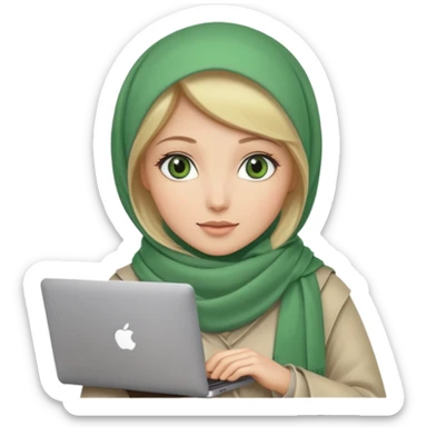 blond women skine , with green eyes , with scarf hijab , hid the hair, with macbook sticker