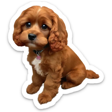 Ruby Red Cavapoo with a mini ponytail sticker