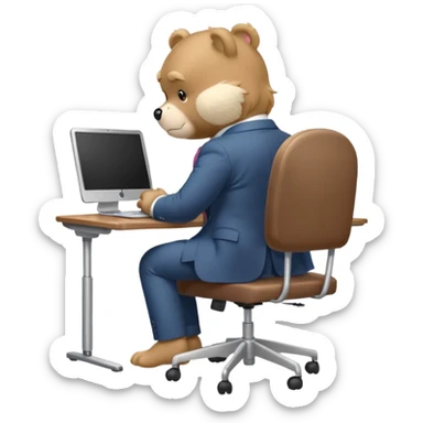 Care bear sad in suit back view, sit on a chair, working on a computer, with a big desk sticker