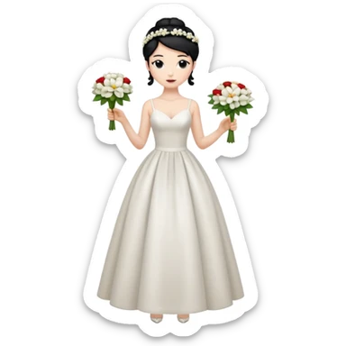 Chica blanca,cuerpo entero, vestido boda tirantes finos y estrecho, pelo negro recogido con mechones y zapatos tacon y 1 flor en la cabeza sticker