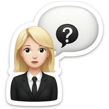 blonde haired white woman in a black formal suit with a white speech bubble containing a black question mark next to her head sticker