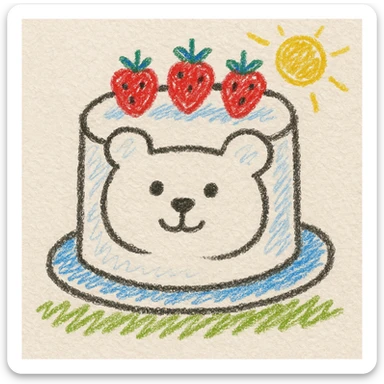 white cake shaped like a bear with strawberries on top, children doodle style, playful and cute sticker