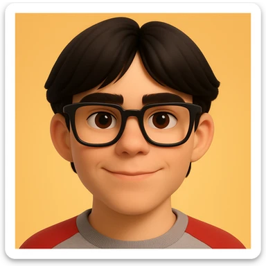 Dark-haired guy with hair to his earlobes, square black glasses, brown eyes, 3D emoji style sticker