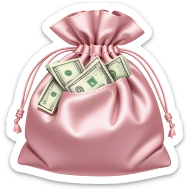 Soft pink satin money bag overflowing with cash, subtle luxury, no logos sticker