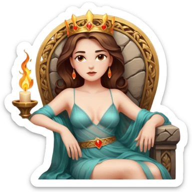 Woman reclining on a stone throne, sheer fabric, torchlight, dangerous seduction sticker