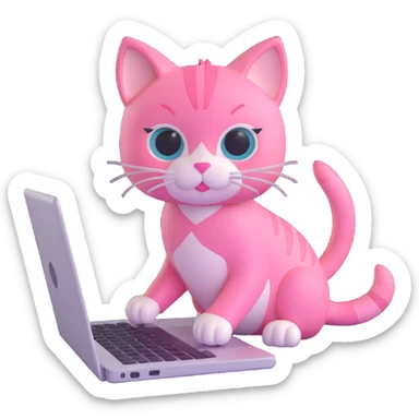 pink kitten using a laptop, soft and rounded sticker