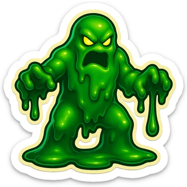 Slime monster. green slime. scary sinister. slime attacks. show full body. more dripping slime. talk humanoid slime creature. sinsiter and scary...green slime. has 2 arms and a vague head sticker