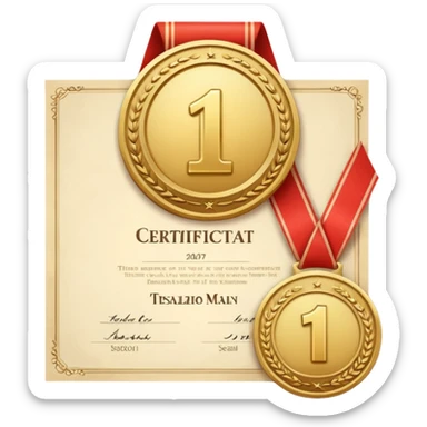 Medalla con número uno, y detrás un certificado sticker