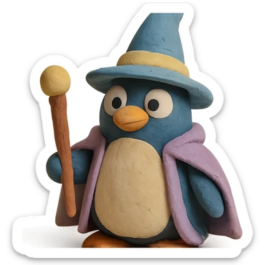 claymation style penguin wizard with visible fingerprints and pastel colors sticker