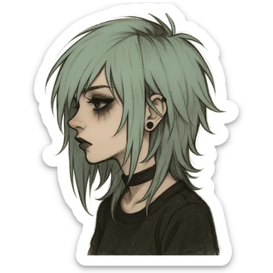 emo girl profile, pastel green hair sticker