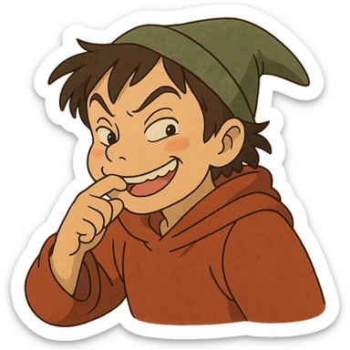 ghibli style sneaky character biting a finger, playful and expressive sticker