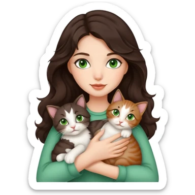 Beautiful girl with dark brown wavy hair and green eyes holding cats in arms sticker