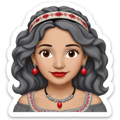 Latina woman, about 50, light brown skin, round face, wavy shoulder-length black and gray hair, red/white headband, medium eyes, thin eyebrows, subtle smile, gray peasant blouse, embroidery, bare shoulders, big dark necklace sticker