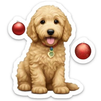 golden doodle puppy under christmas tree  sticker