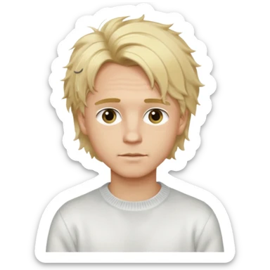 Create a look for a blond boy with long, tousled hair, light eyes, a white sweater, a wealthy appearance, blue eyes, and accessories like a Rolex or Cartier watch, and a cute face with messy hair down. sticker
