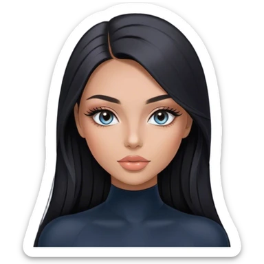 Glamours, tanned, very beautiful girl, with big pump peach-beige-rose lips, long long lashes, black straight smooth silky long hair, straight parting hair, blue-grey eyes in black long-sleeves bodysuit sticker