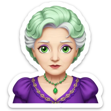 Madame Morrible from Wicked with green eyes, white hair, purple outfit sticker