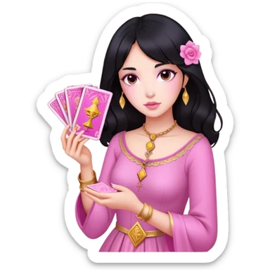 black hair girl with pink pink tarot gold cards sticker