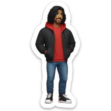male adult, Long black hair, Black hoodie, Blue Jeans, Red Air Jordans sticker