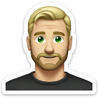Muscular tall man with green eyes withour beard and mustache dirty blonde short straight hair brushed back, wearing a black sweater in a casual style, loves old-money aesthetic sticker