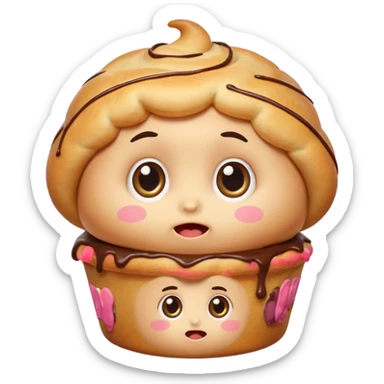Funny cartoon mini pastry, slightly messy and squished, big round eyes, wide open mouth, playful surprised expression, text above: "ПАСТИЧКА", chibi style, Twitch emoji style, transparent background, colorful

 sticker