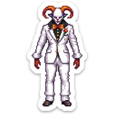 full-body demonic clown in a white leisure suit with bellbottom pants, bald, with black ram horns sticker