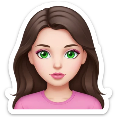 girl brunette green eyes long hair pink lips pink blush pink shirt  sticker