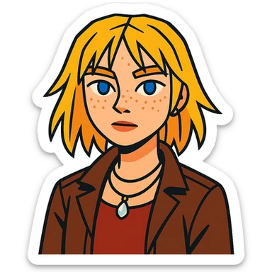 14-year-old girl with choppy blonde hair, armpit length, shortest at mouth, middle part, light freckles, blue eyes, defined cupid's brow, tight dark red top, brown leather jacket, necklaces sticker