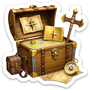 An icon featuring a treasure chest overflowing with gold, a treasure map with a compass rose, a backpack, and a shovel. The map guides the way, symbolizing the adventure of treasure hunting. Set against a transparent background, the design evokes excitement and exploration. sticker