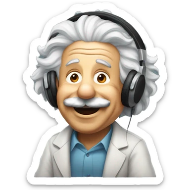 albert einstein happy listening music with wireless headphones while sitting on the chair sticker