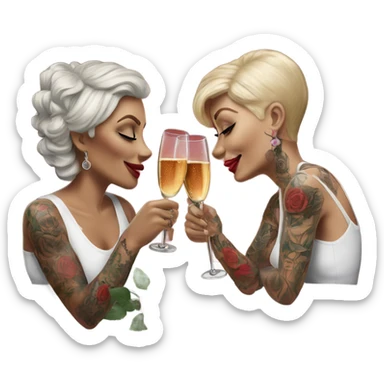 Hyper Realistic tattooed couple drinking champagne with red roses  sticker