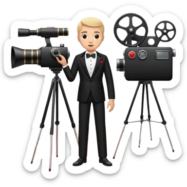 an actor standing on a red carpet with a formal tuxedo, with only one movie camera on a tripod next to him. sticker