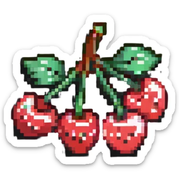 Pixel art of a small bunch of red cherries with green stems sticker