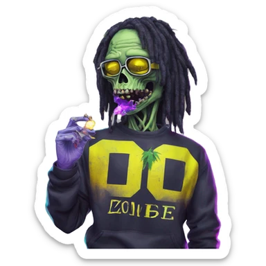 420 .Zombie_ Vaporwave black holographic oilslick zombie smoking yellow caution tape hemp leaves hemp plants sticker