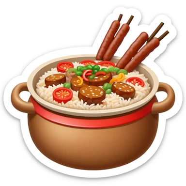 Guangdong clay pot rice with toppings and sauce, simplified emoji style with bold outlines and bright colors, cartoon style Cantonese Bo Zai Fan sticker