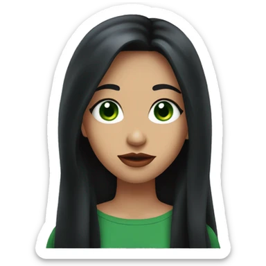 half body shot, A girl with long black hair and green eyes, light red lips sticker