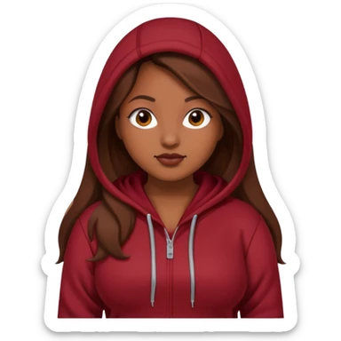 Curvy pretty brown girl with long brown hair, wearing a dark deep red hoodie sticker