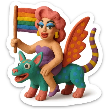 drag queen riding a surreal alebrije, holding an LGBTQ flag, in a matte plasticine claymation style with visible fingerprints and pastel colors sticker