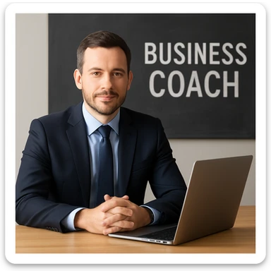 A 35-year-old male business coach sitting at a table with a laptop, professional and confident sticker