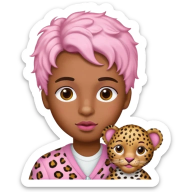 brown-skin boy with baby pink blush and glossy lips and leopard print hair ￼ sticker