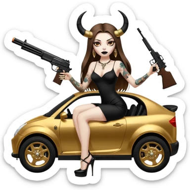 Sensual woman long brown straight haired sexy drug lord woman with tattoos on arm sleeves and black thick butt platform high heels on her feet, and devil black horns on her head, she is holding a skull head and a gun. Sitting on gold car full of gold , long black dress with sexy slit sticker