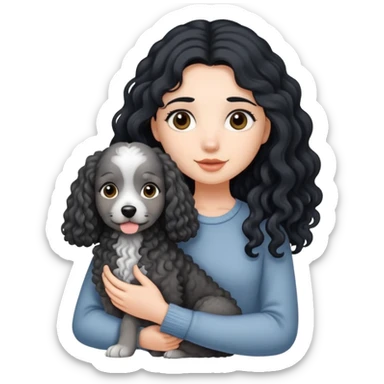 A girl with long black hair holding a gray curly dog sticker