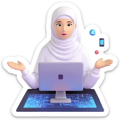 computer engineer with white hijab immersed in augmented reality, surrounded by floating metaverse elements, digital codes, virtual machines, tech graphics sticker
