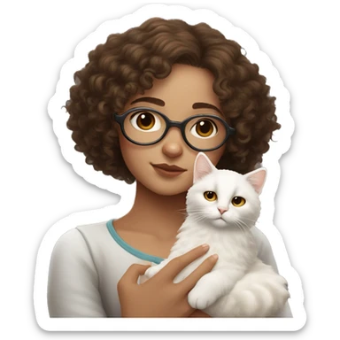 curly haired light brunette with freckles girl holding a white cat in hands. the cat is sleeping. the girl uses white round glasses like harry potter sticker